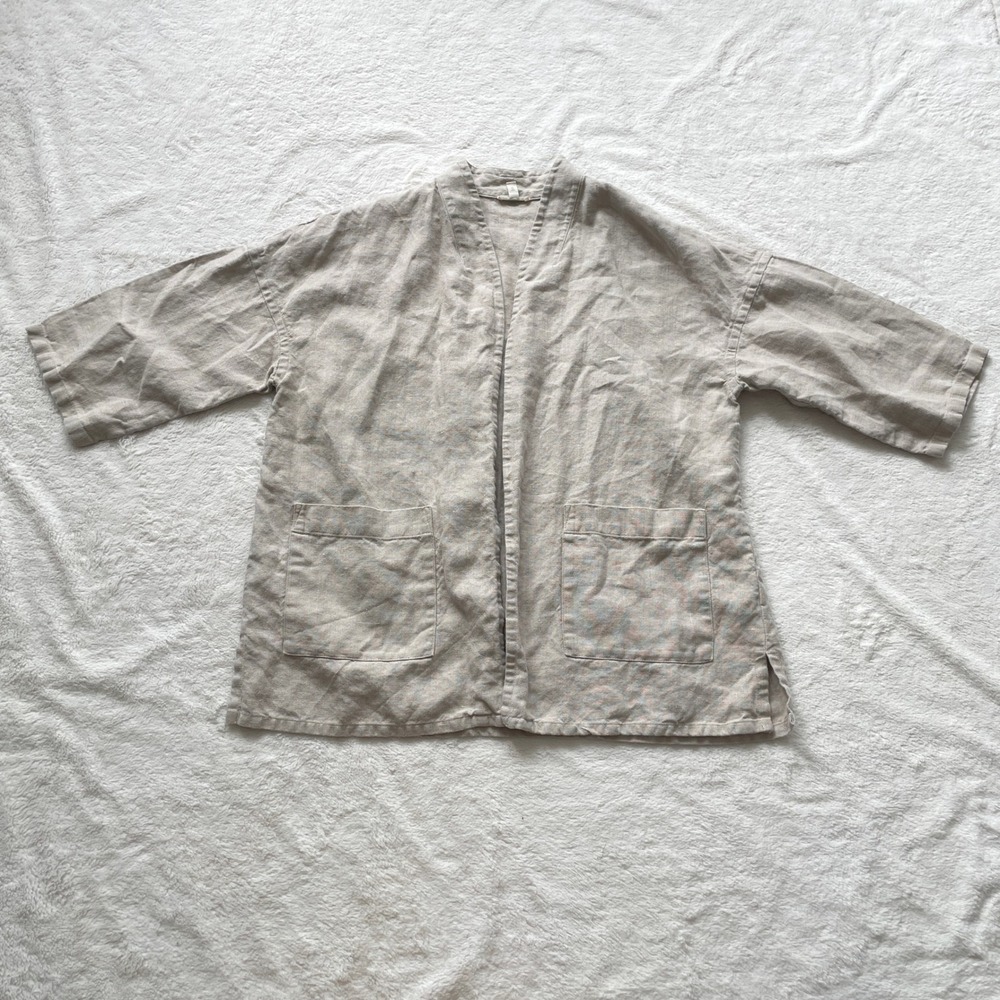 Eileen Fisher Linen Open Front Cardigan Jacket Oatmeal Beige Kimono Size Large